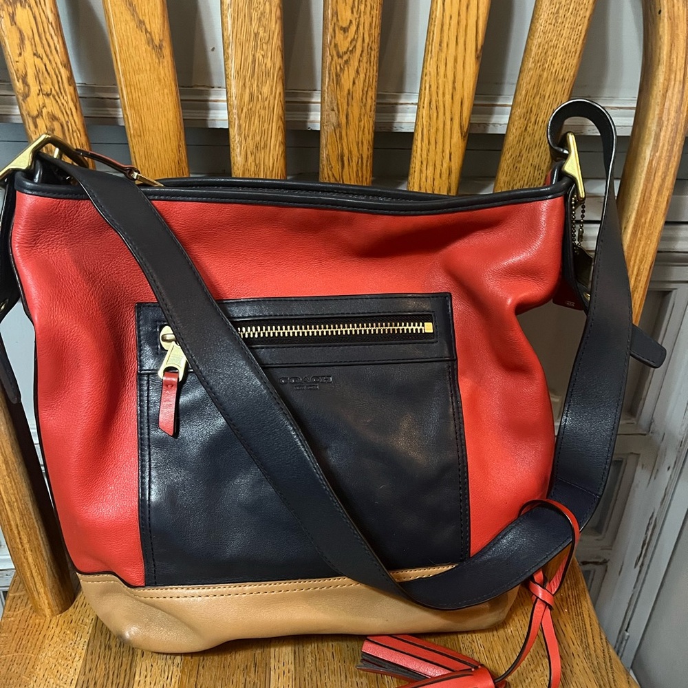 Coach Y2K legacy color block duffle in Red, navy blue and Tan cross body bag.